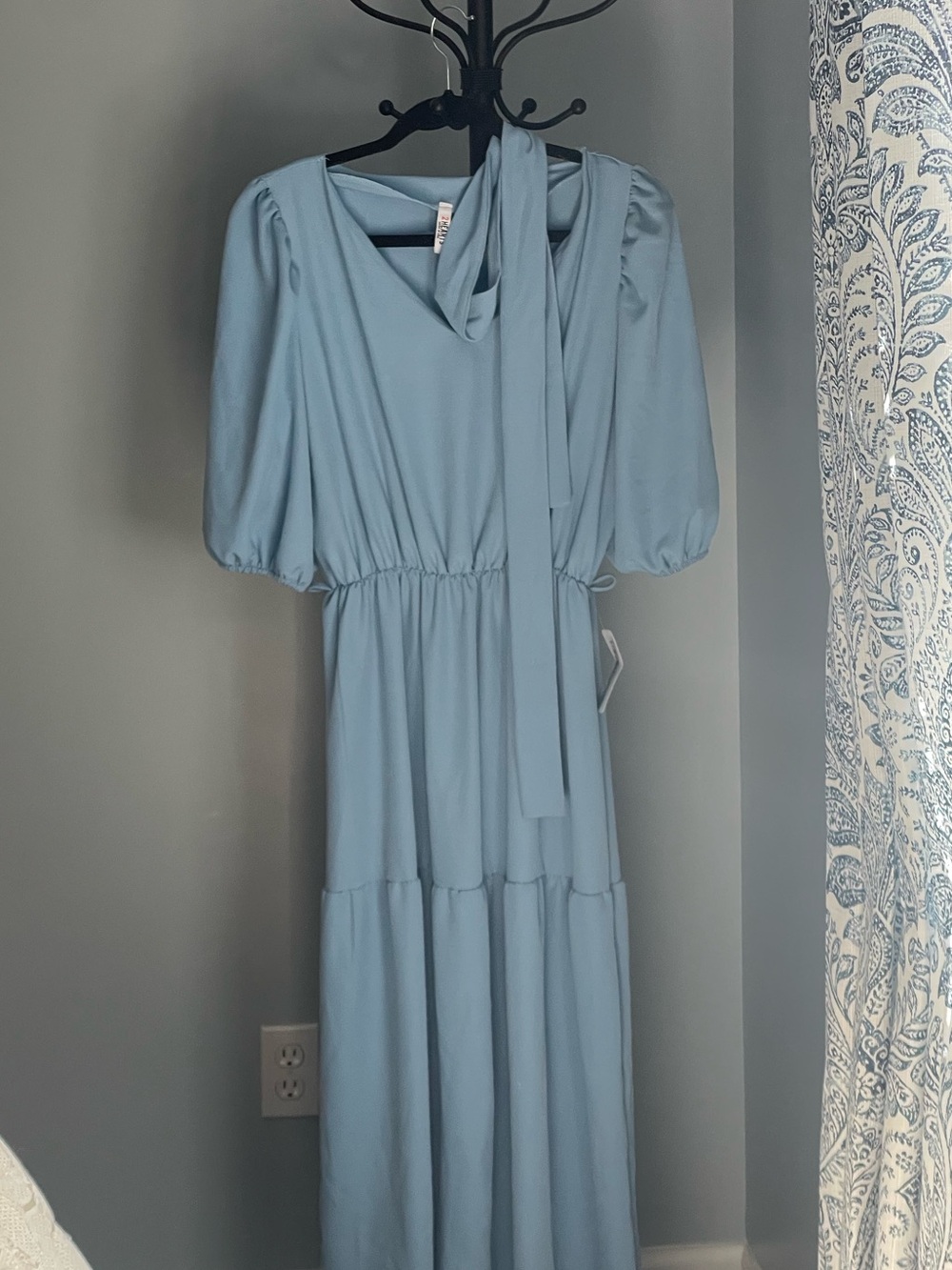 Light Blue Puff-Sleeve Maxi Dress with Tie Detail